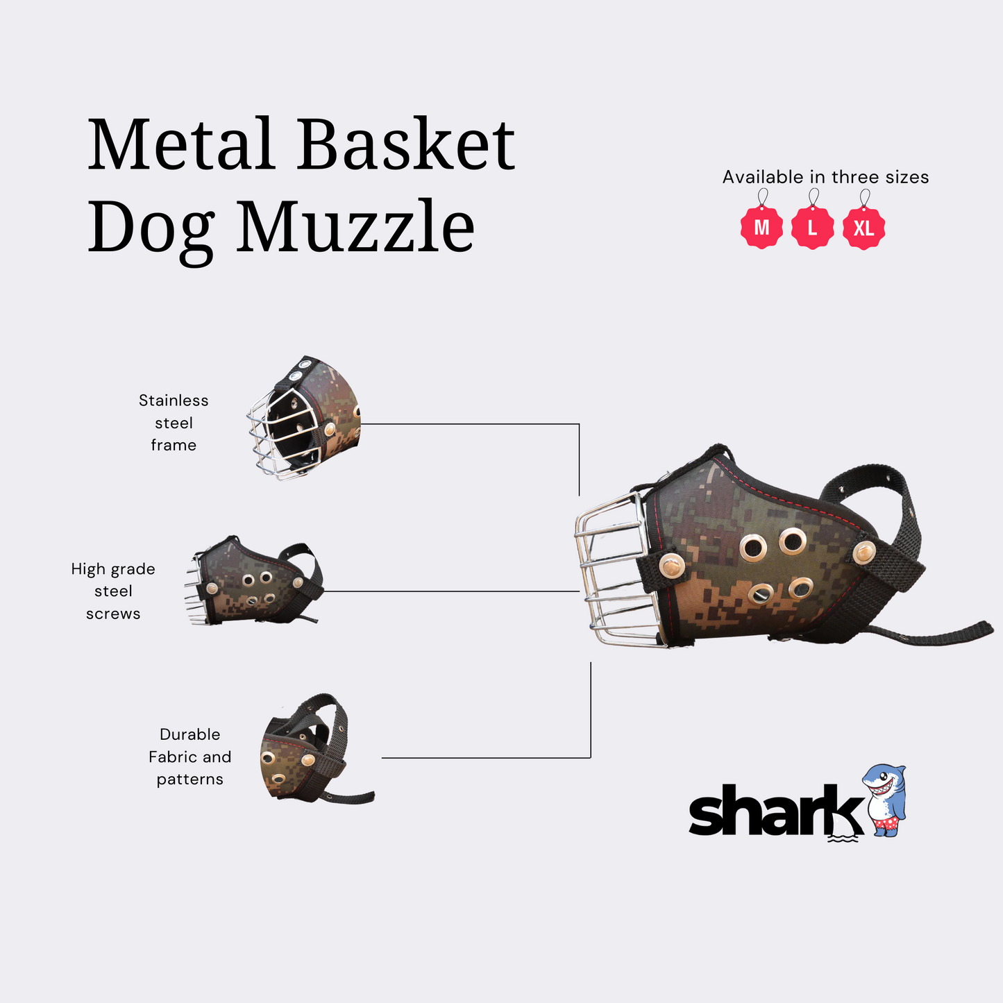 Shark Heavy-Duty Metal Basket Dog Muzzle for Large Dogs with Smooth Edges.